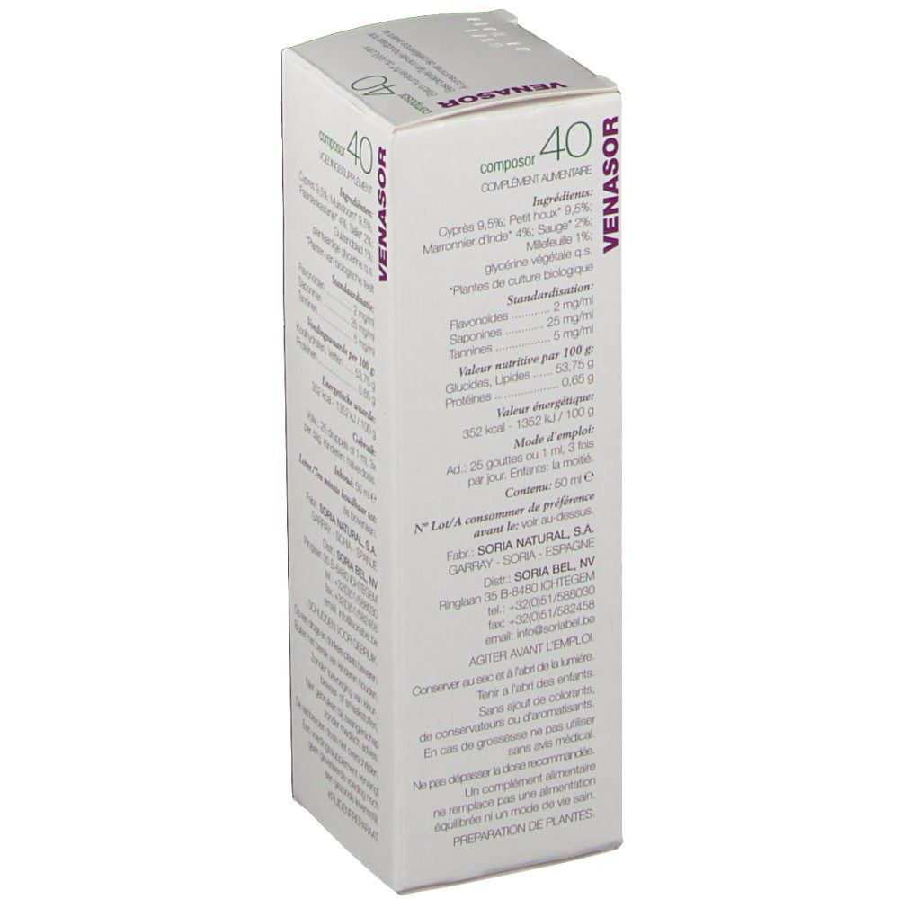 Boîte en carton avec le nom du produit VENASOR et Composor 40. Contient des informations sur les ingrédients et les valeurs nutritionnelles. Logo SoriaNatural.