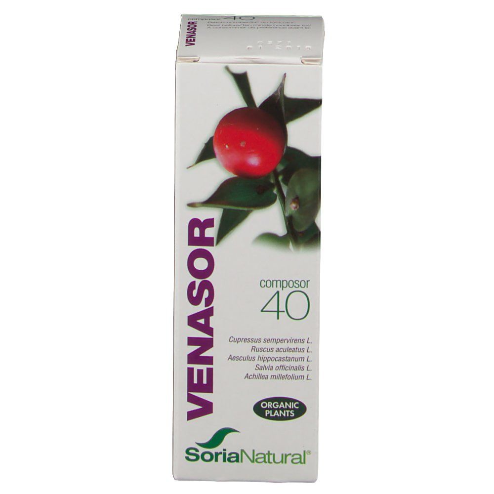Boîte en carton avec le nom du produit VENASOR et Composor 40. Illustration d'un fruit rouge avec des feuilles. Logo SoriaNatural.