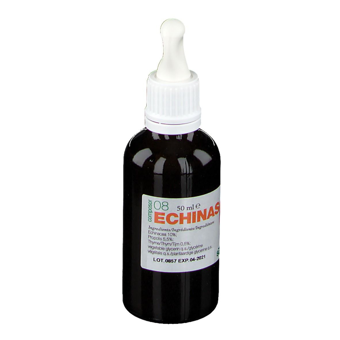 Flacon en verre brun avec bouchon blanc et pipette. Inscription: Composor 08 Echinasor, 50 ml. Étiquette avec ingrédients.