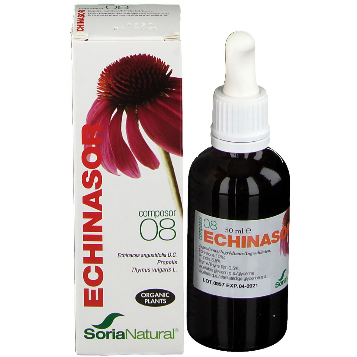 Flacon et emballage. Flacon: verre brun, bouchon blanc, pipette. Emballage: blanc, rouge, nom du produit, logo.