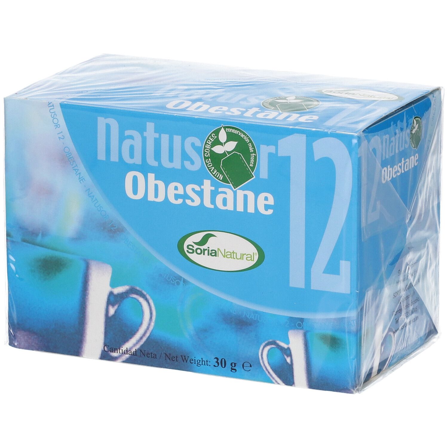 Boîte de thé bleue et blanche. Inscription : Natusor 12 Obestane. Logo : Soria Natural. Emballé dans du film plastique.