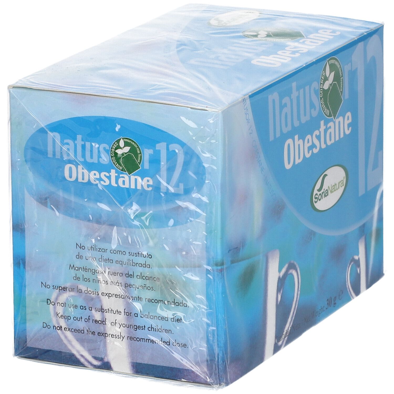 Boîte de thé bleue et blanche. Inscription : Natusor 12 Obestane. Logo : Soria Natural. Emballé dans du film plastique. Texte en espagnol.