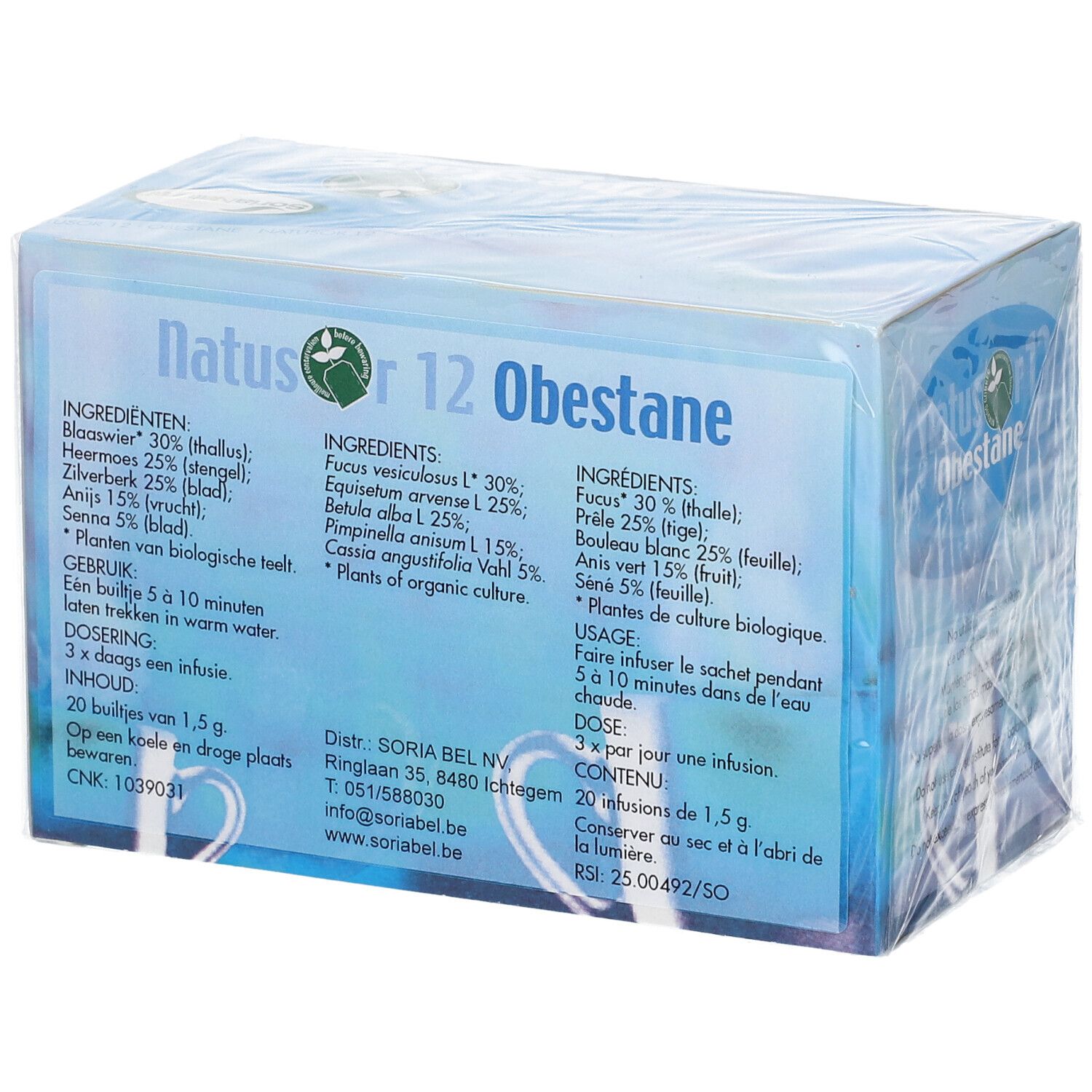 Boîte de thé avec liste d'ingrédients. Inscription : Natusor 12 Obestane. Logo : Soria Natural. Emballé dans du film plastique. Texte en néerlandais et français.