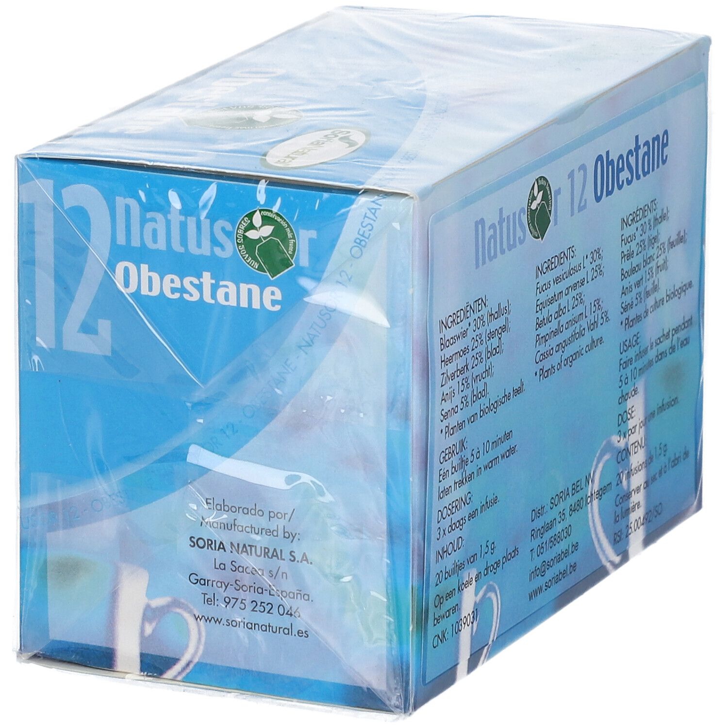 Boîte de thé avec liste d'ingrédients. Inscription : Natusor 12 Obestane. Logo : Soria Natural. Emballé dans du film plastique. Texte en néerlandais et français.