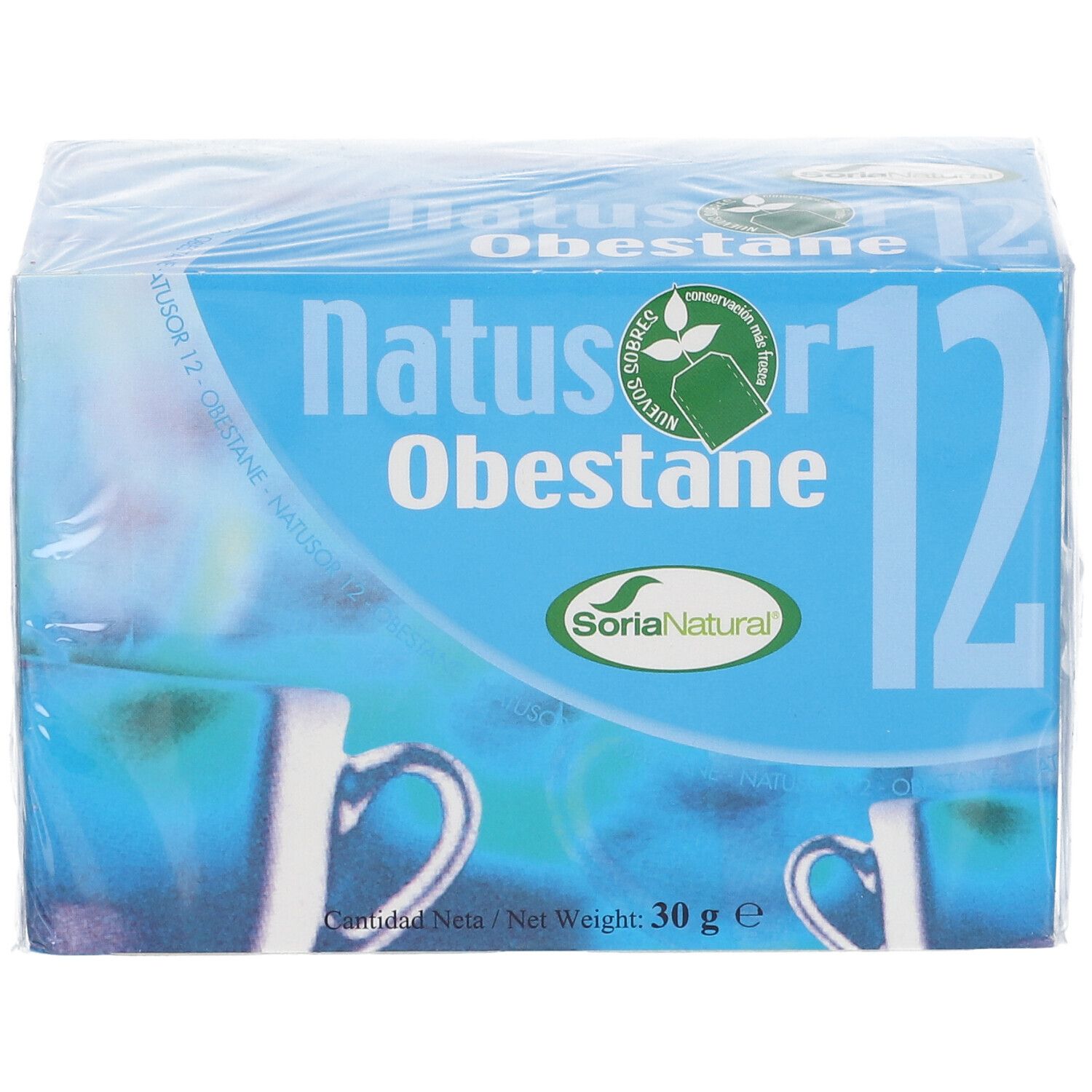 Boîte de thé bleue et blanche. Inscription : Natusor 12 Obestane. Logo : Soria Natural. Emballé dans du film plastique.