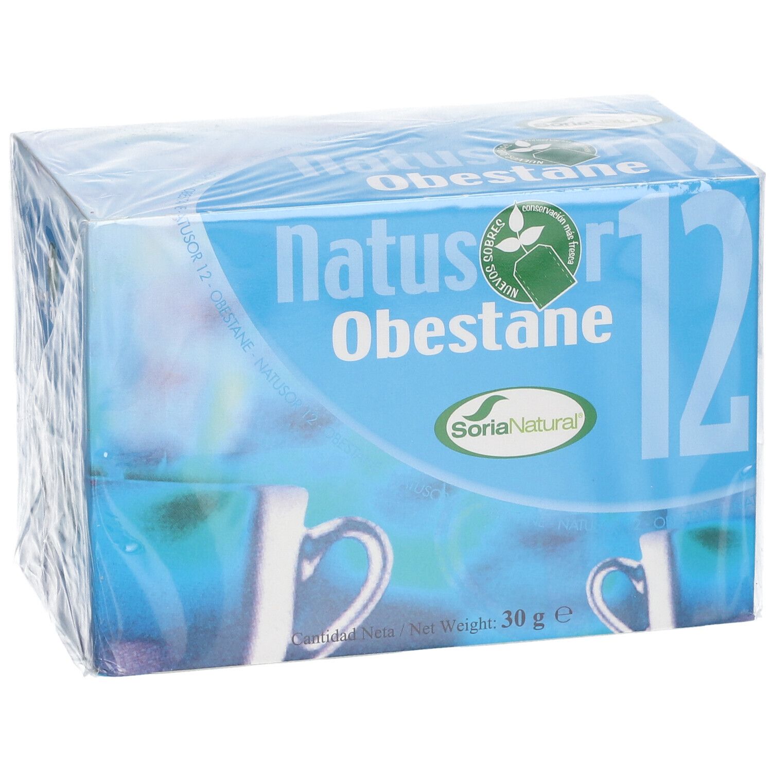 Boîte de thé bleue et blanche. Inscription : Natusor 12 Obestane. Logo : Soria Natural. Emballé dans du film plastique.