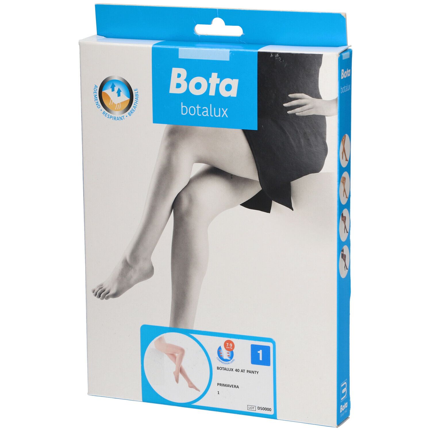 Emballage Bota Botalux. Impression: femme en collants. Logo et nom du produit. Boîte bleue et blanche.