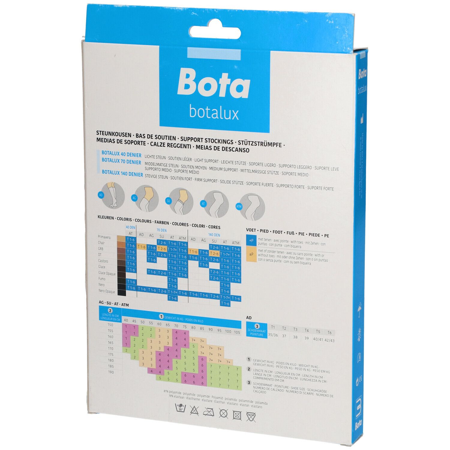 Dos de l'emballage Bota Botalux. Informations sur le produit, tableau des tailles et logos. Texte multilingue.