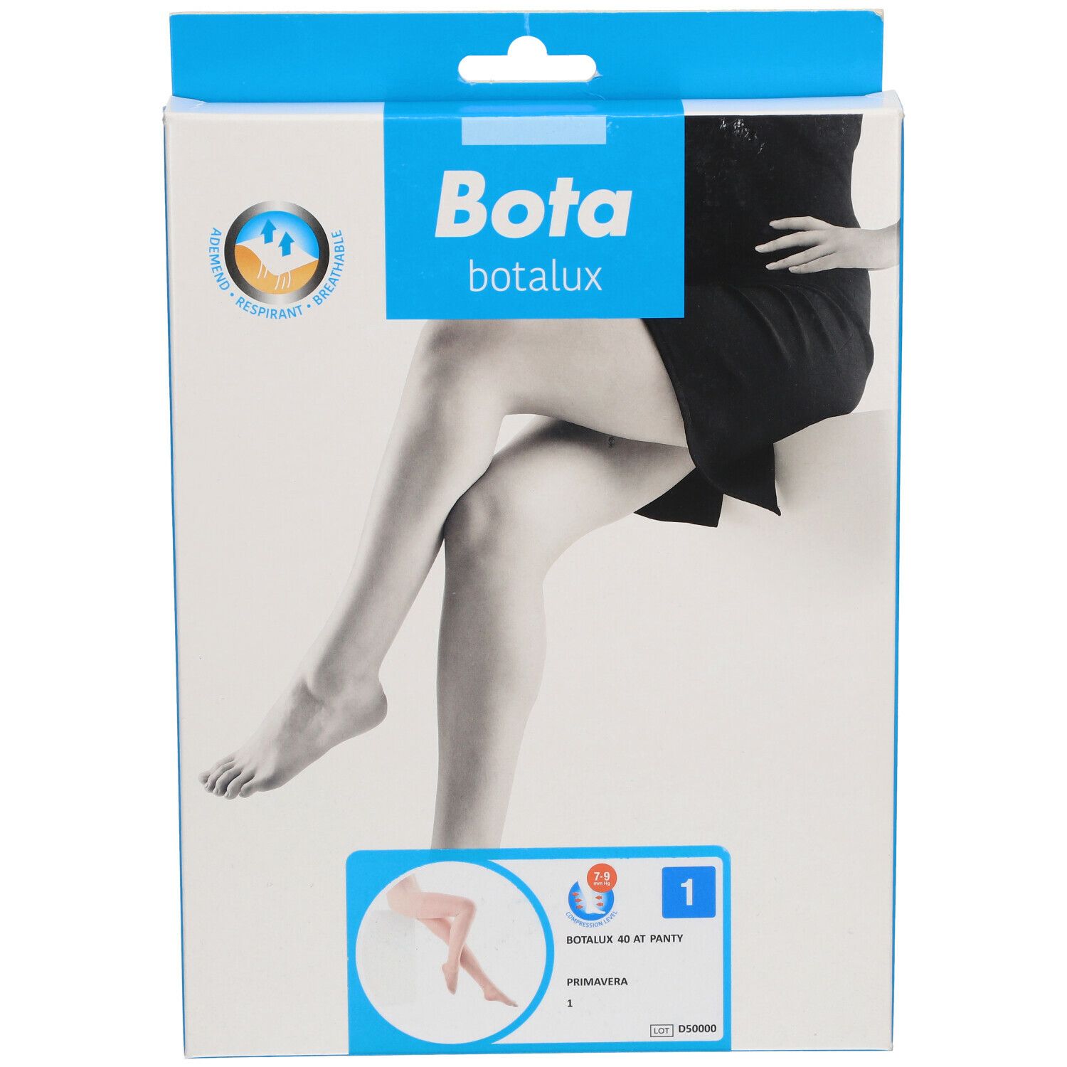 Emballage Bota Botalux. Femme en collants. Logo et nom du produit. Boîte bleue et blanche. Taille 1.