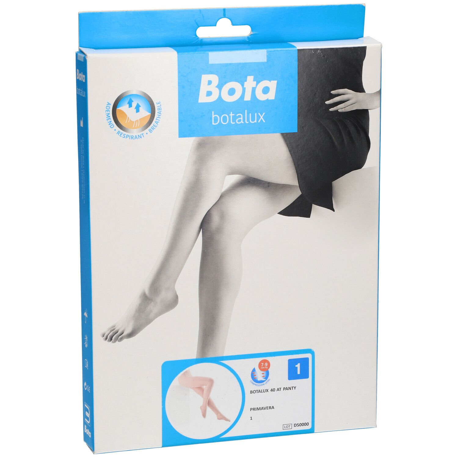 Emballage Bota Botalux. Femme en collants. Logo et nom du produit. Boîte bleue et blanche. Taille 1.