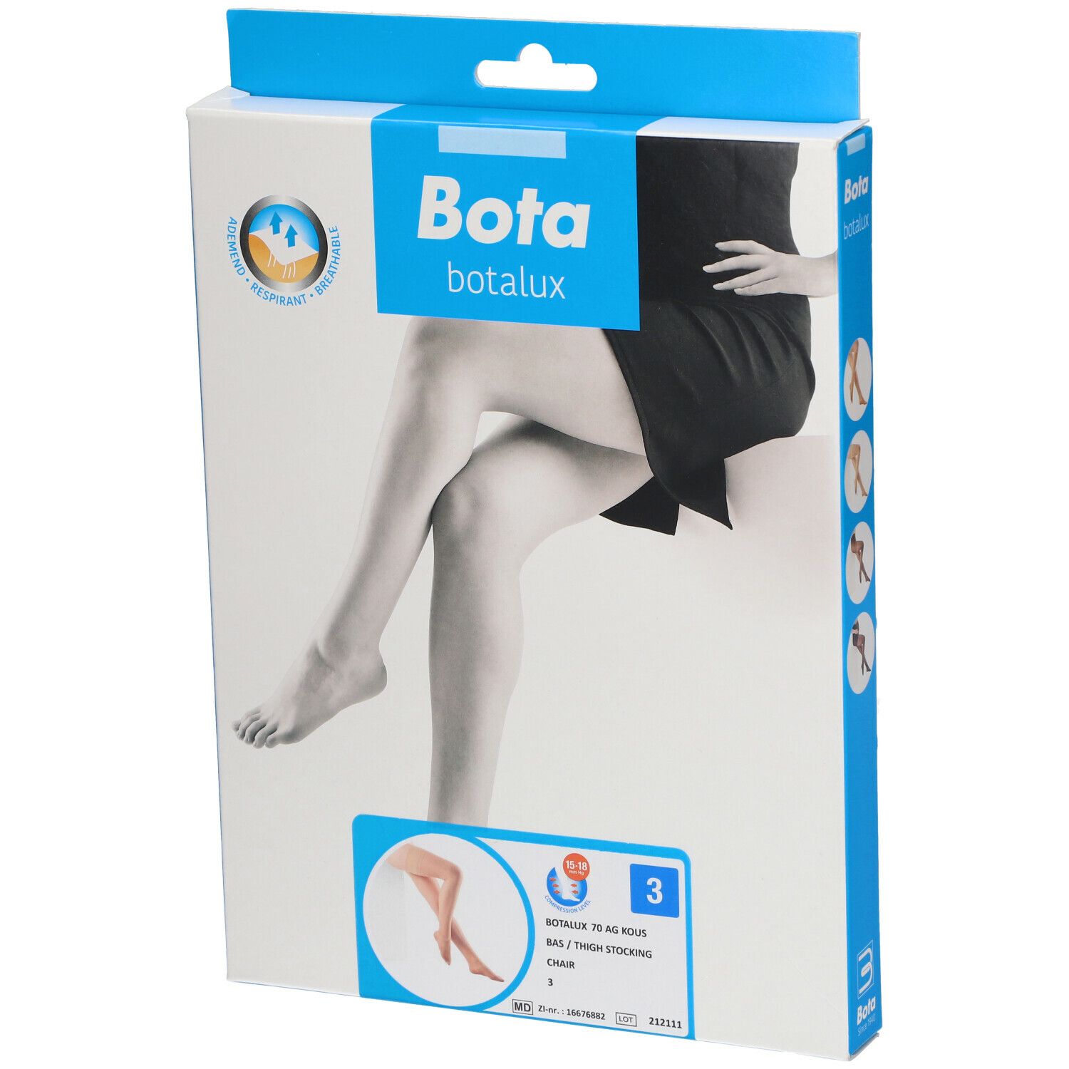 Boîte de bas de maintien Bota Botalux 70. Image d'une femme portant des bas. Taille 3.