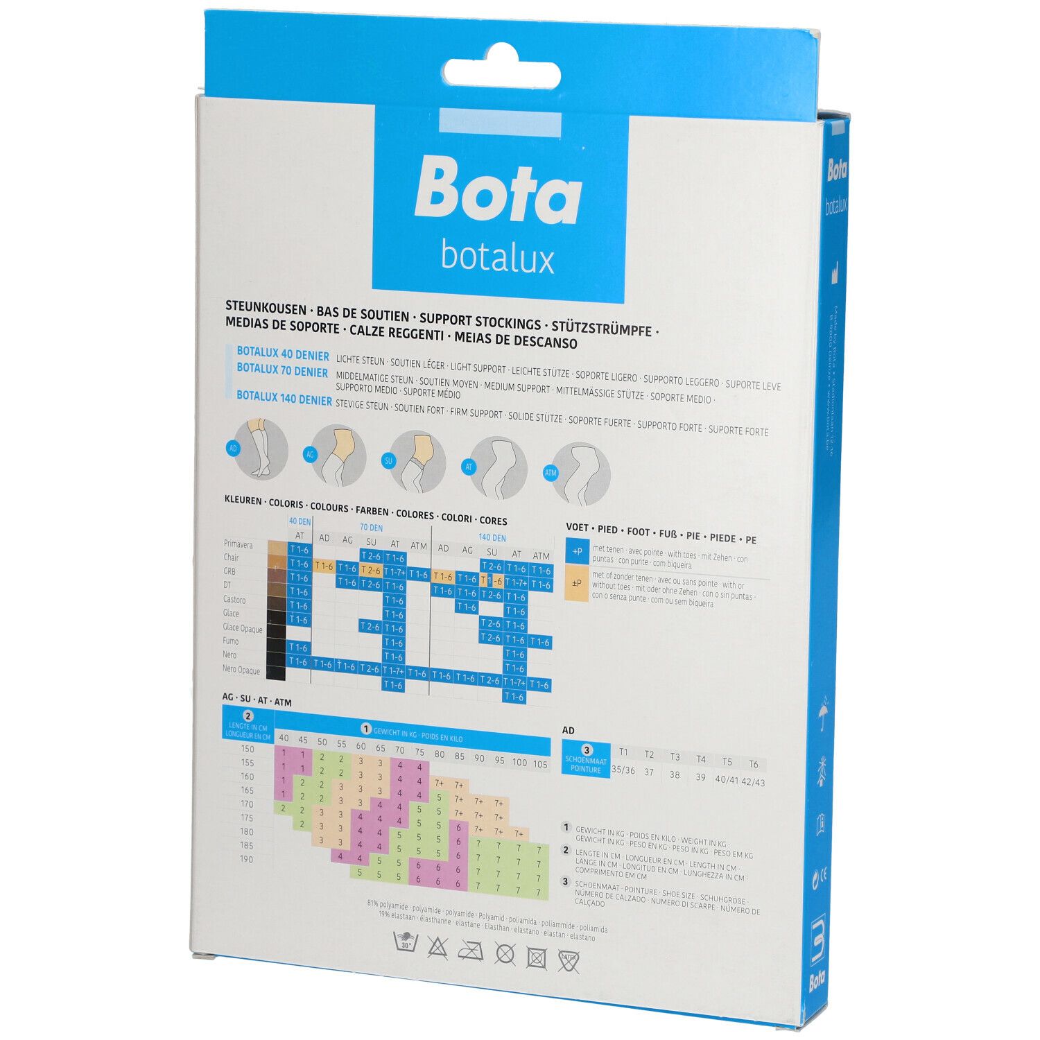 Dos de la boîte de bas de maintien Bota Botalux 70. Tableau des tailles et informations produit.