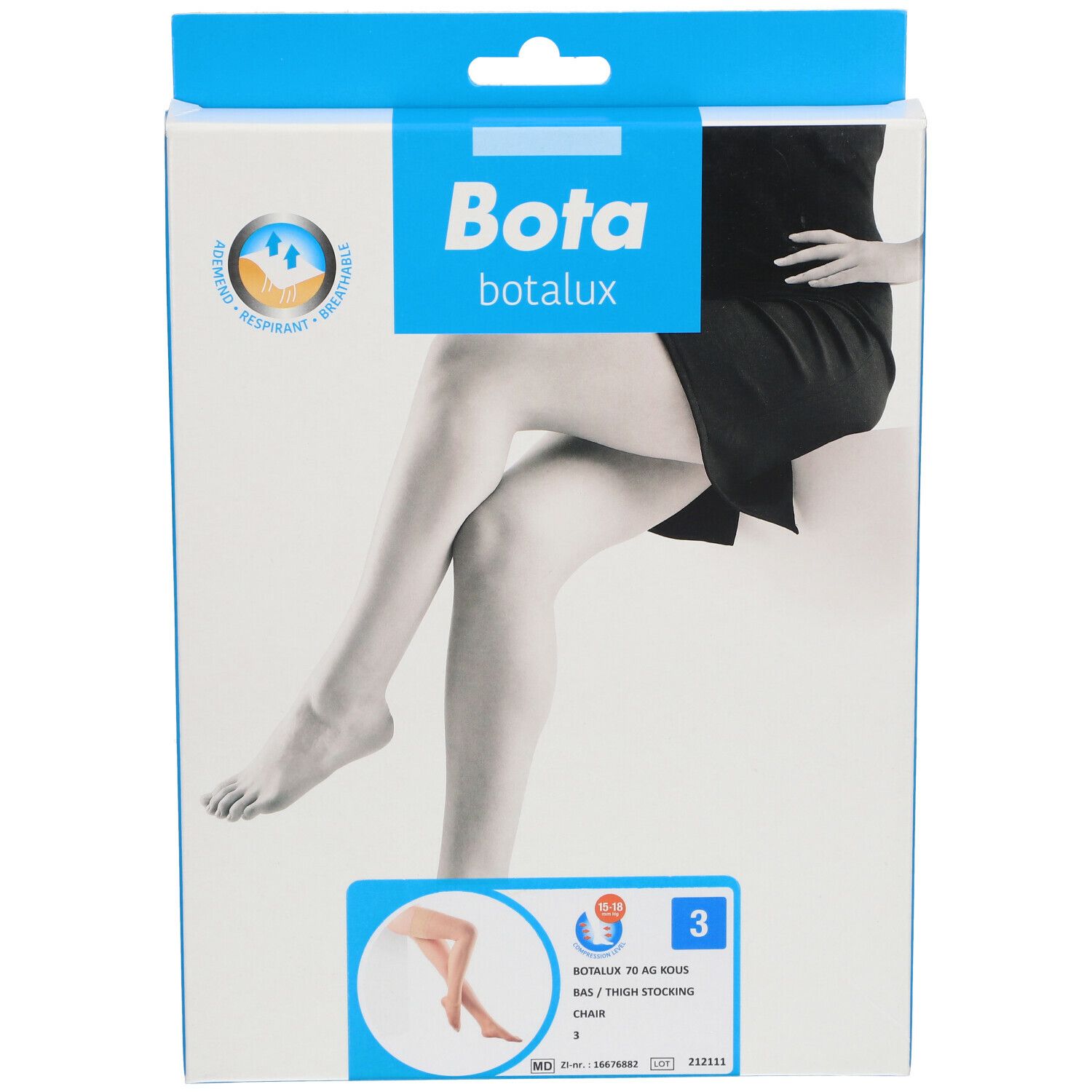 Boîte de bas de maintien Bota Botalux 70. Image d'une femme avec bas. Taille 3, Chair.