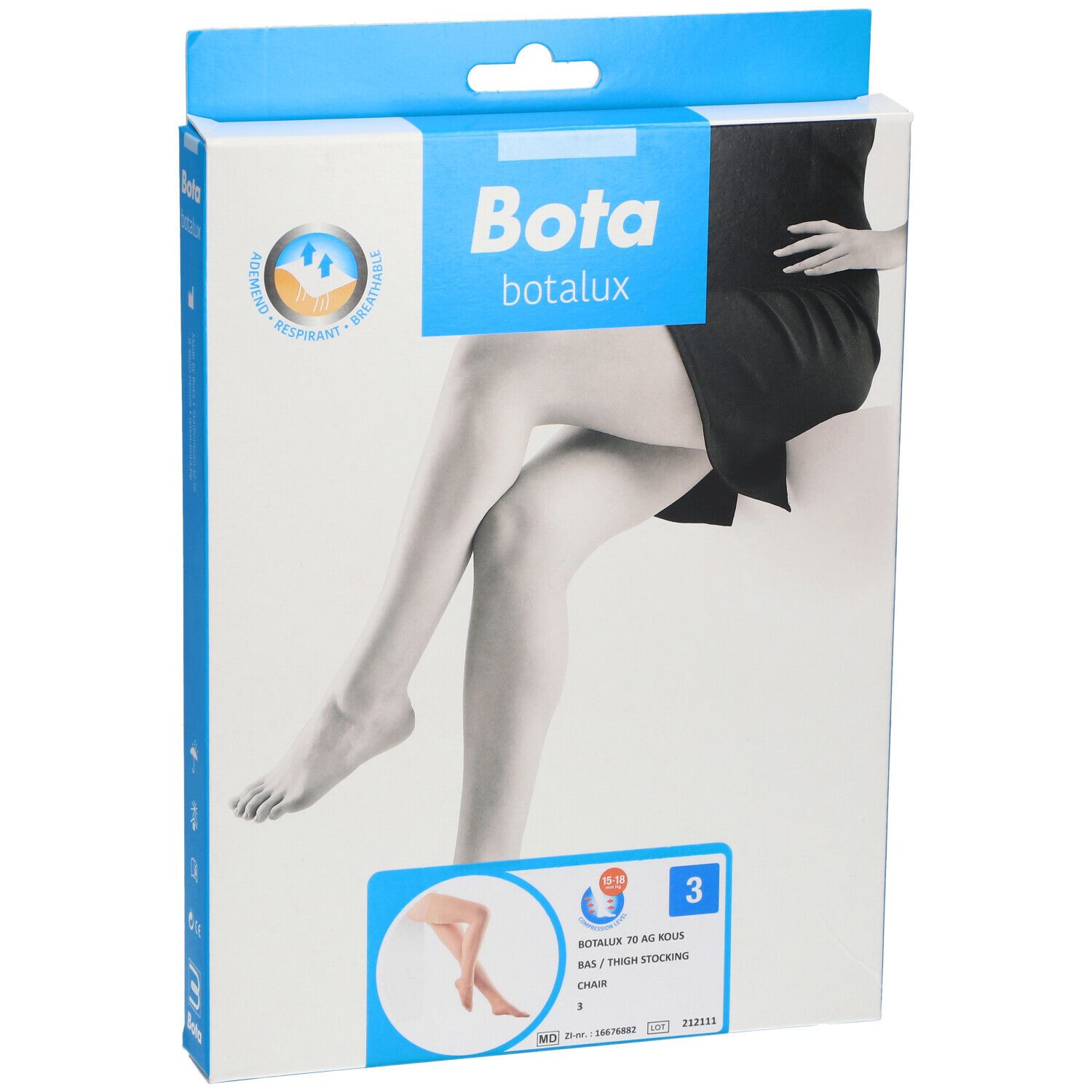Boîte de bas de maintien Bota Botalux 70. Image d'une femme avec bas. Taille 3, Chair.