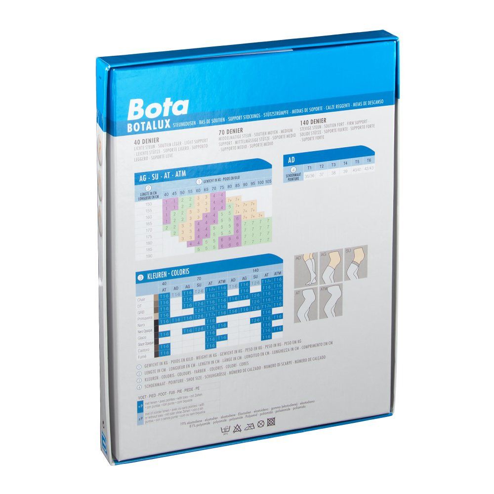 Dos de l'emballage Bota Botalux. Tableau des tailles et informations produit.