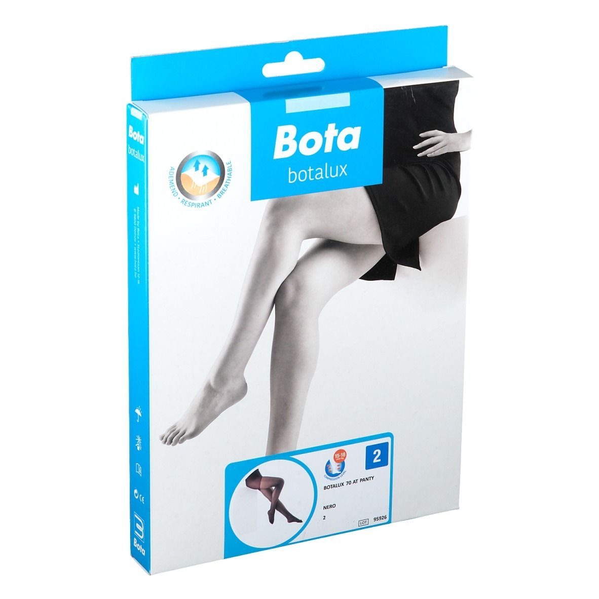 Boîte de Botalux 70 Support Pantyhose AT Nero M2. Image d'une femme en collants. Logo et nom du produit visibles.