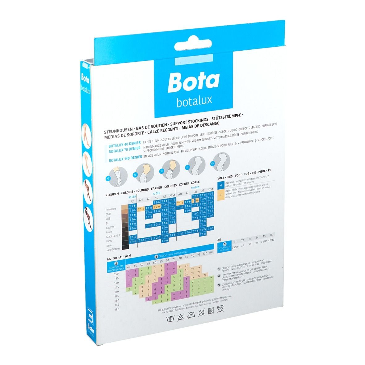 Dos de l'emballage Botalux 70 Support Pantyhose. Informations produit, tableau des tailles et logos.