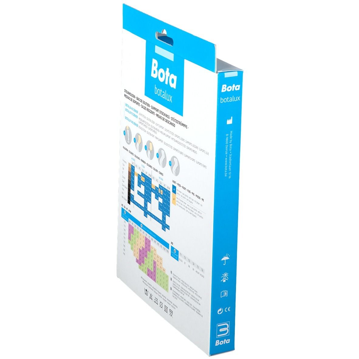 Vue latérale de l'emballage Botalux 70 Support Pantyhose. Informations produit et logos.