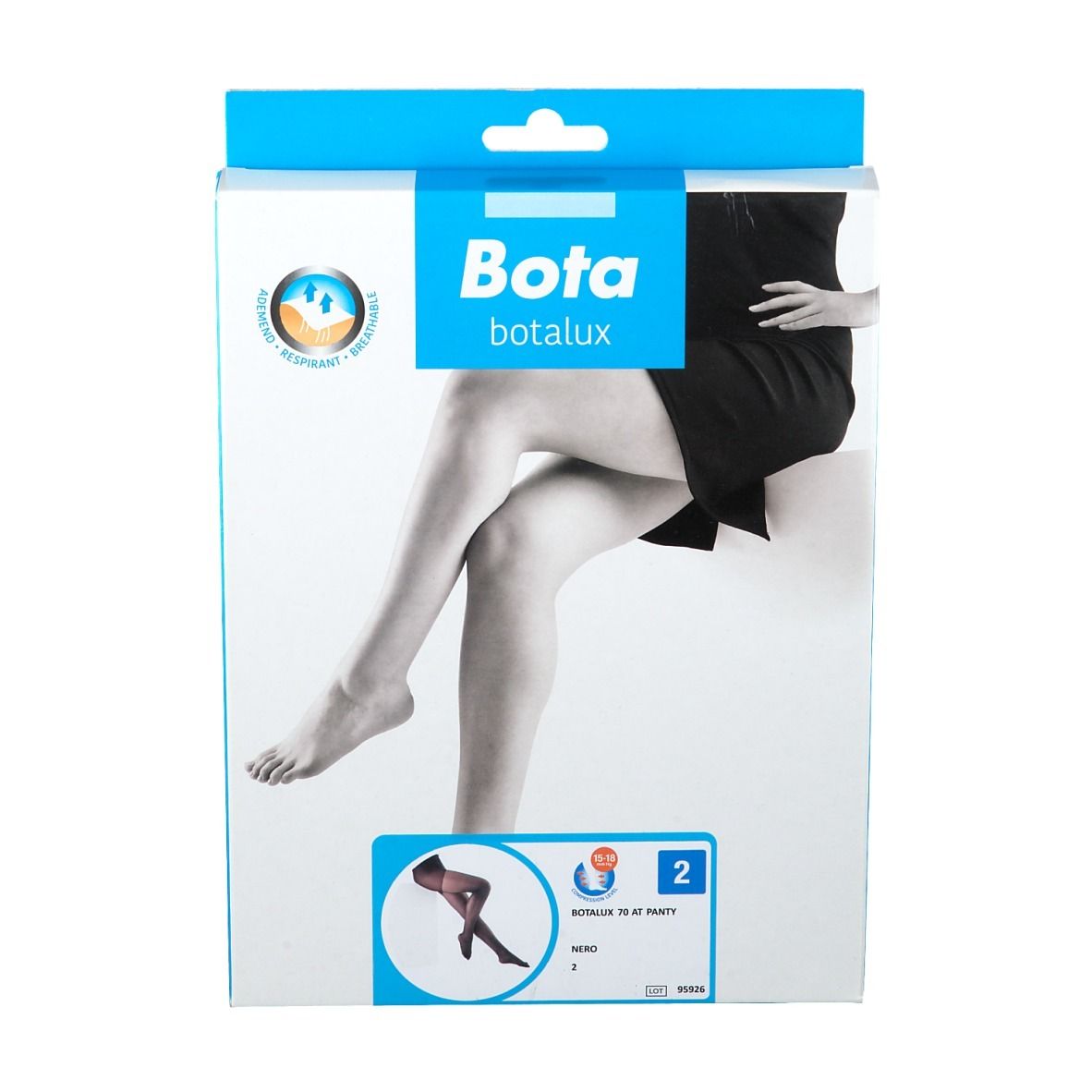 Boîte de Botalux 70 Support Pantyhose AT Nero M2. Image d'une femme en collants. Logo et nom du produit visibles.