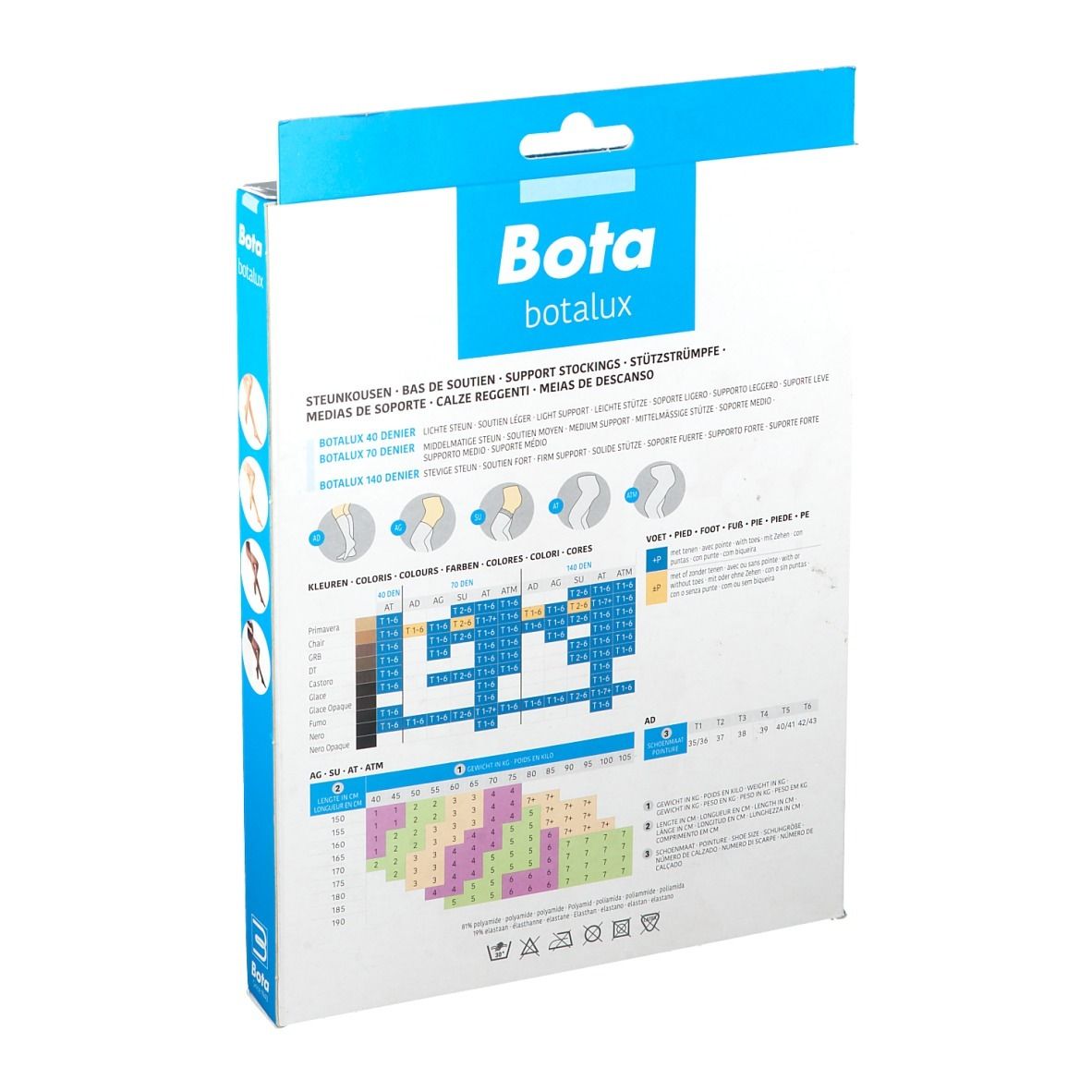 Dos de la boîte Bota Botalux 70 Panty Stütze Nero N5. Tableau des tailles et informations sur le produit.