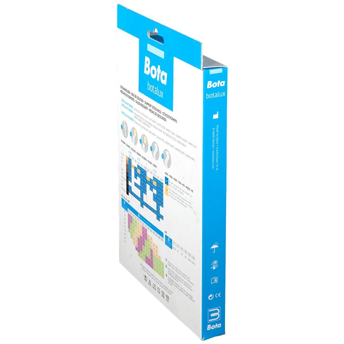 Vue latérale de la boîte Bota Botalux 70 Panty Stütze Nero N5. Informations produit et tableau des tailles.
