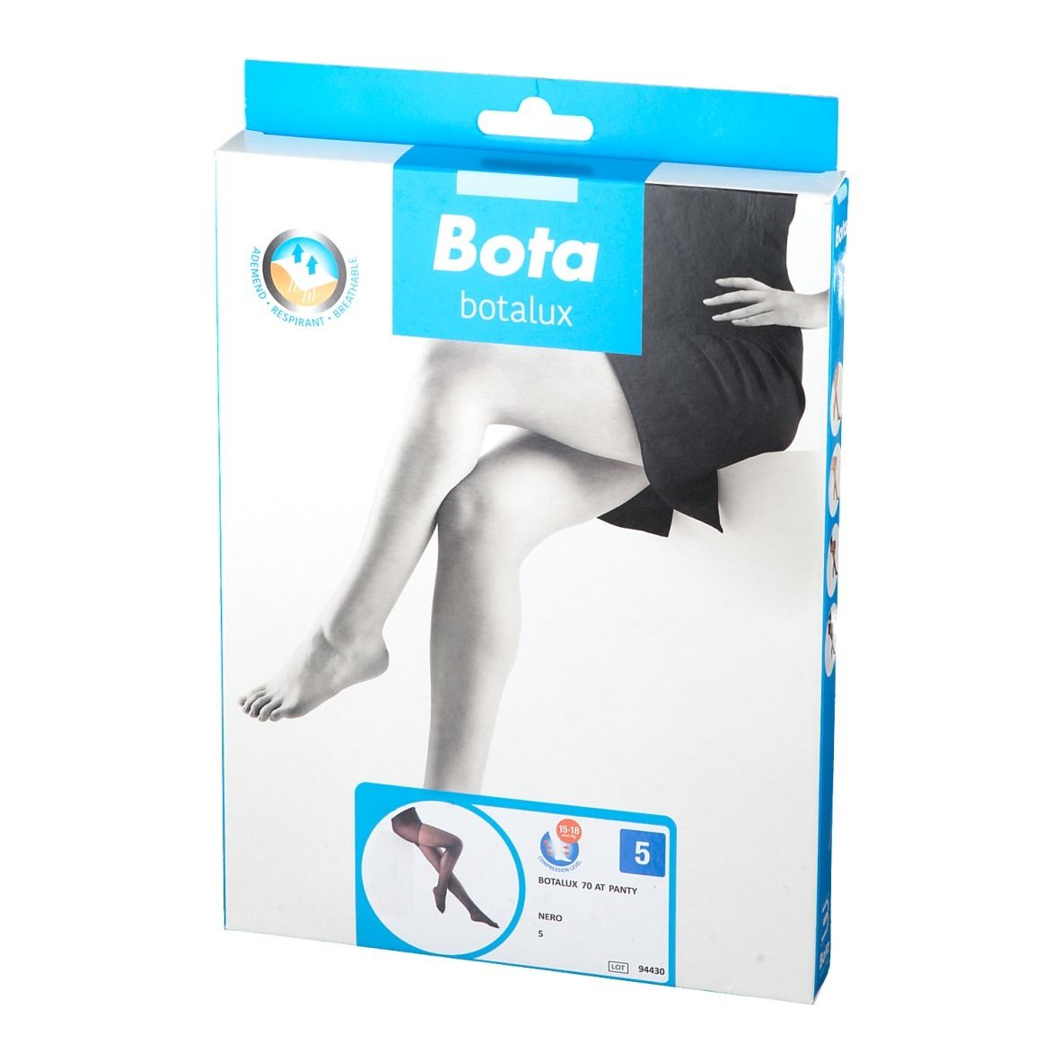 Boîte Bota Botalux 70 Panty Stütze Nero N5. Image d'une femme portant un collant. Taille 5.
