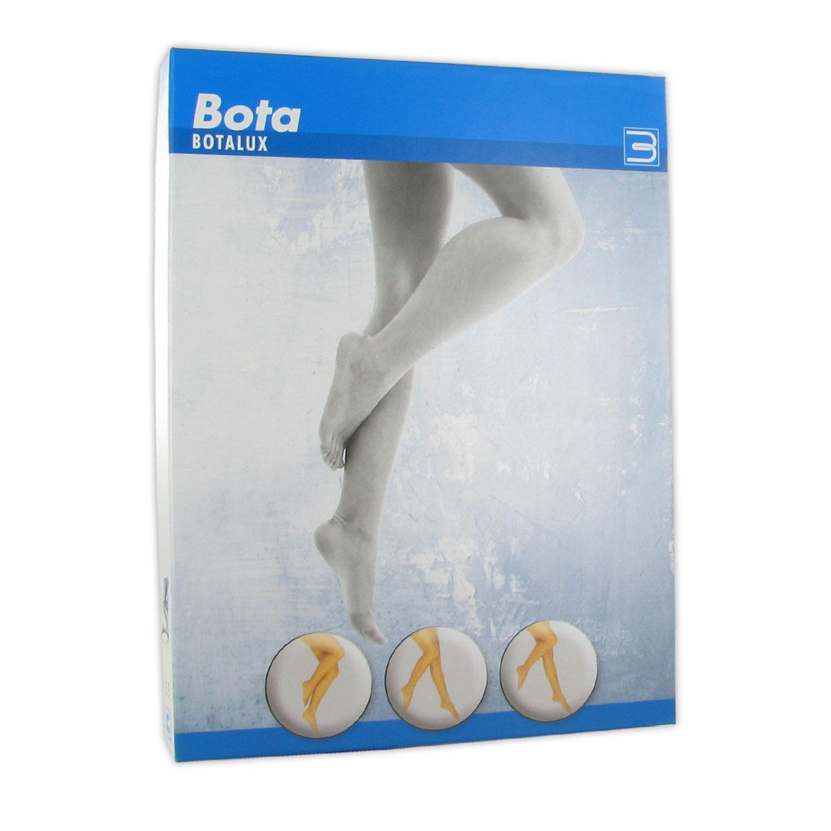 Emballage de collants Bota Botalux. Illustration de jambes. Trois illustrations rondes montrent différentes couleurs de collants.