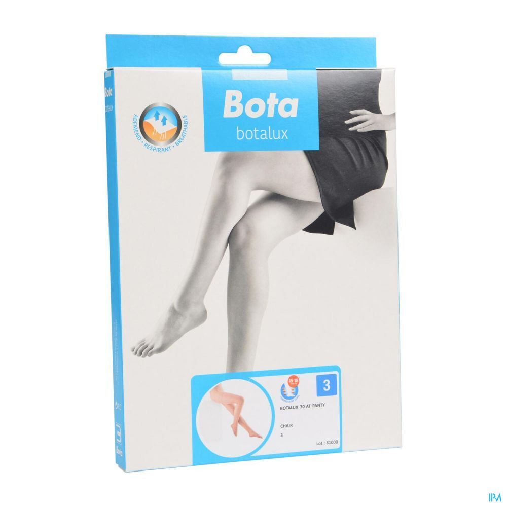 Verpackung mit Strumpfhose. Marke Bota, Modell 70. Größe 3. Hellblauer Karton mit Abbildung von Beinen.