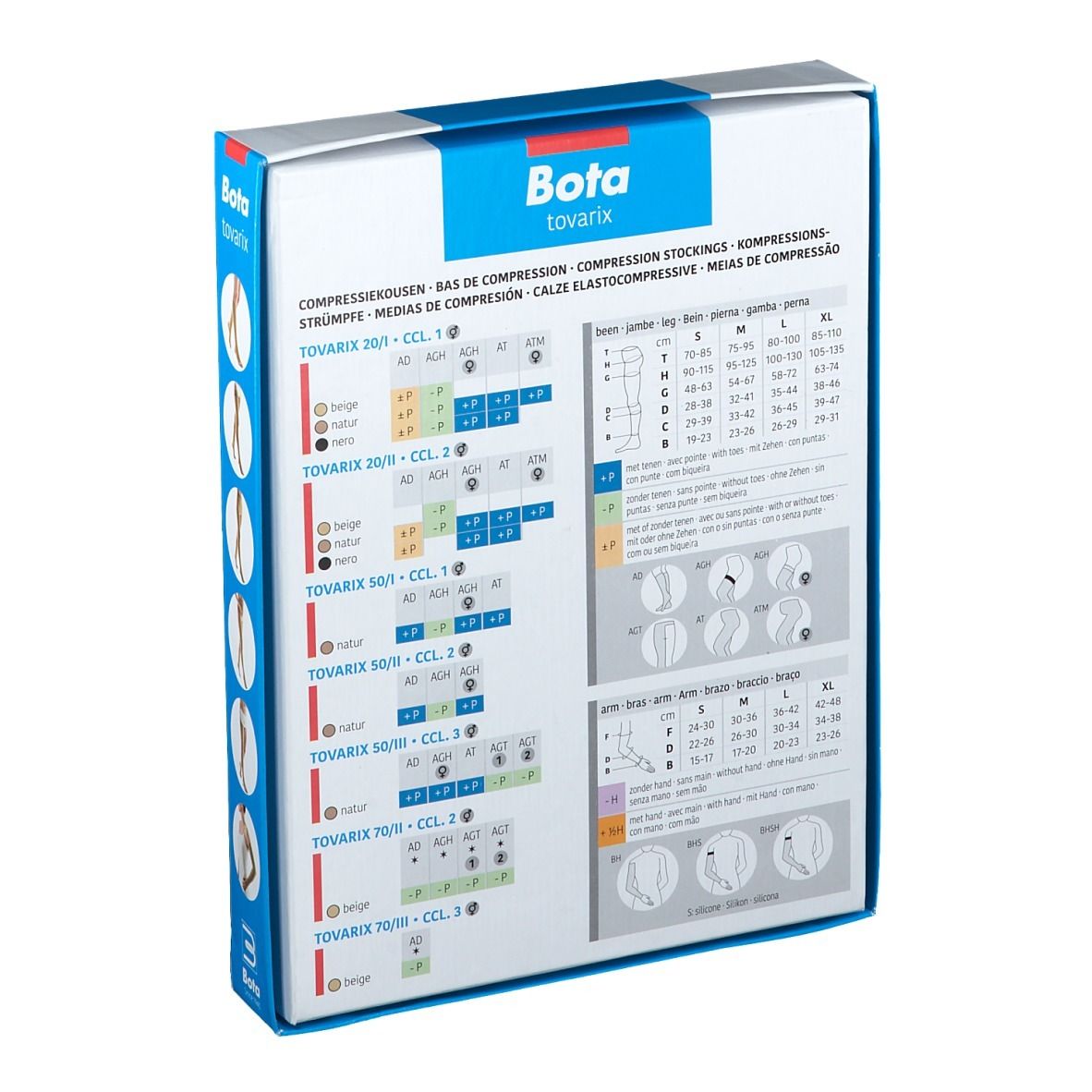 Dos de l'emballage des bas de compression Bota tovarix. Tableaux avec tailles et informations produit.