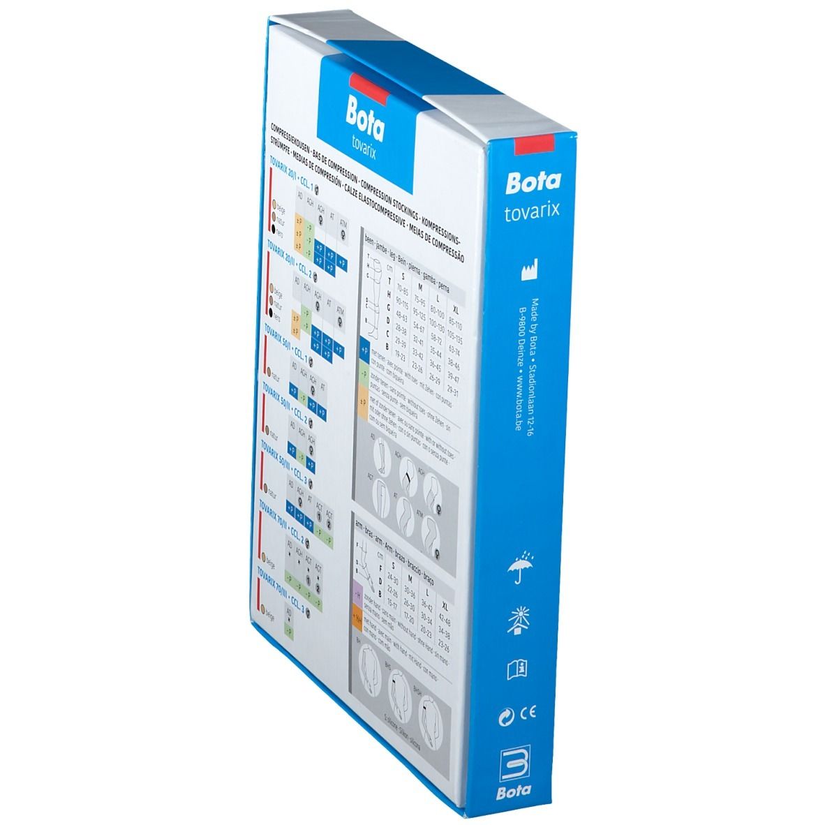 Vue latérale de l'emballage des bas de compression Bota tovarix. Tableaux avec tailles et informations produit.