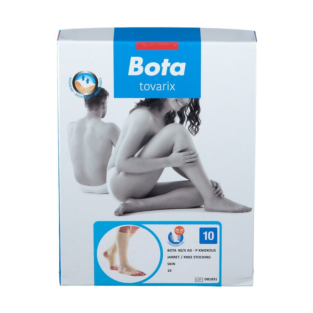 Emballage de bas de compression Bota tovarix. Inscription: Bota, modèle, 10, couleur peau. Illustration: jambe avec bas.