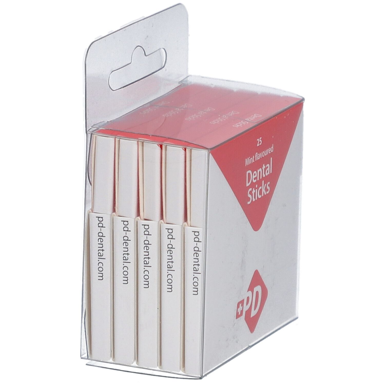 Boîte de 25 bâtonnets dentaires à la menthe. Bâtonnets visibles, carton blanc avec pointe rouge, crochet transparent.