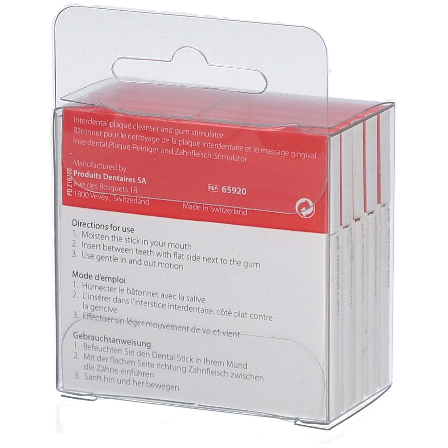 Dos de l'emballage avec instructions multilingues. Adresse du fabricant et numéro de lot.