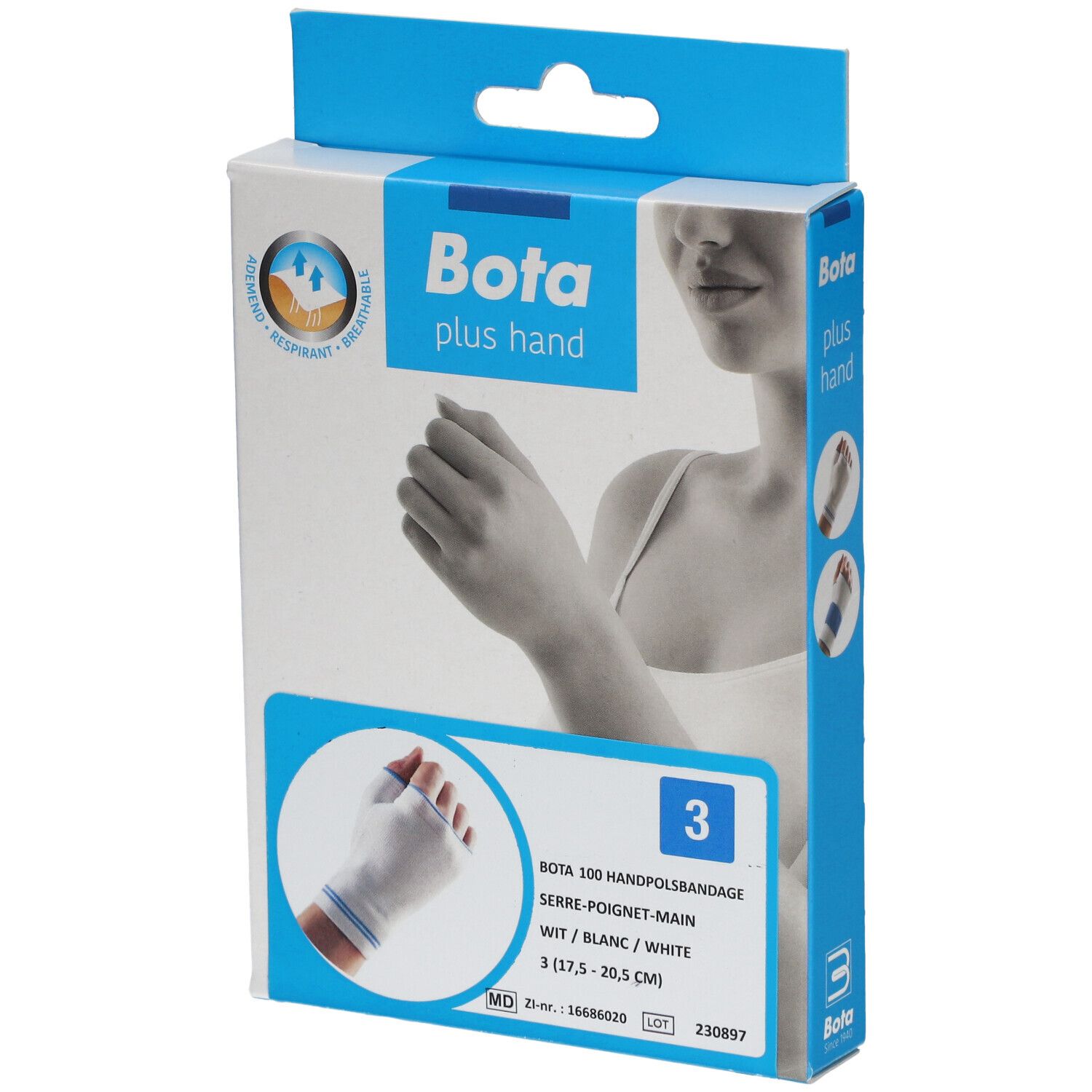 Emballage de l'attelle de poignet Bota. Produit blanc, taille 3. Impression avec nom et logo du produit.