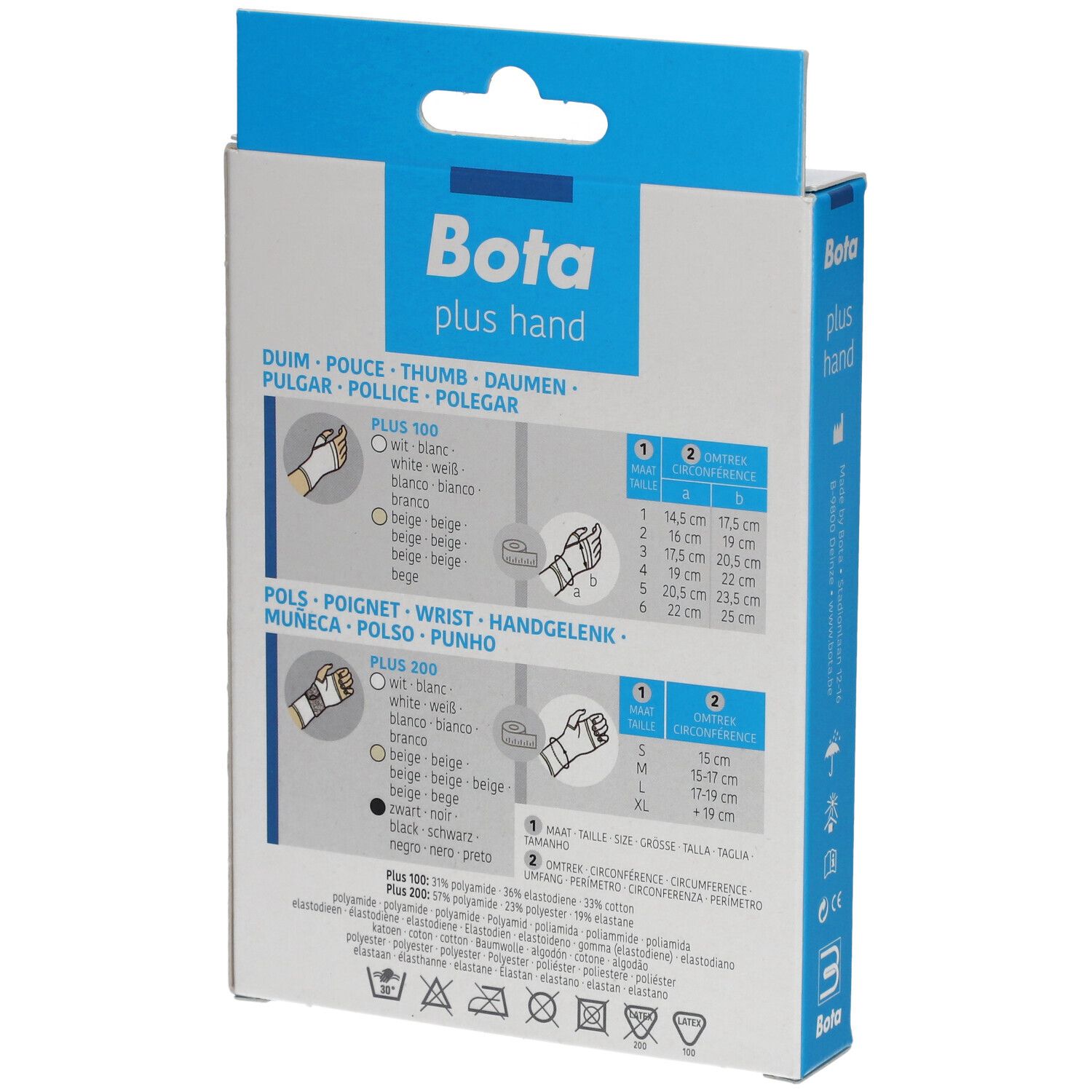 Dos de l'emballage de l'attelle de poignet Bota. Informations sur les tailles et le produit.