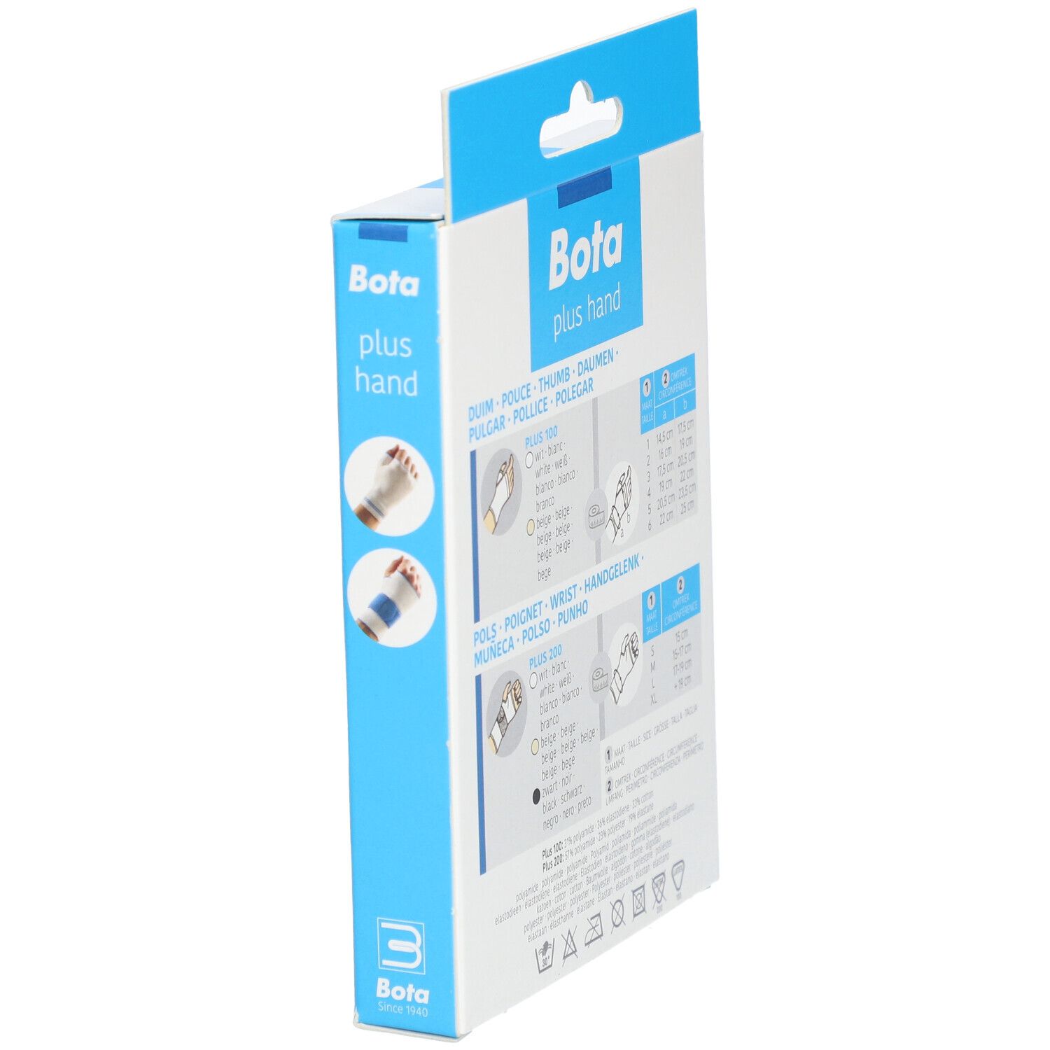 Vue latérale de l'emballage avec informations de taille et de produit. Logo Bota visible.