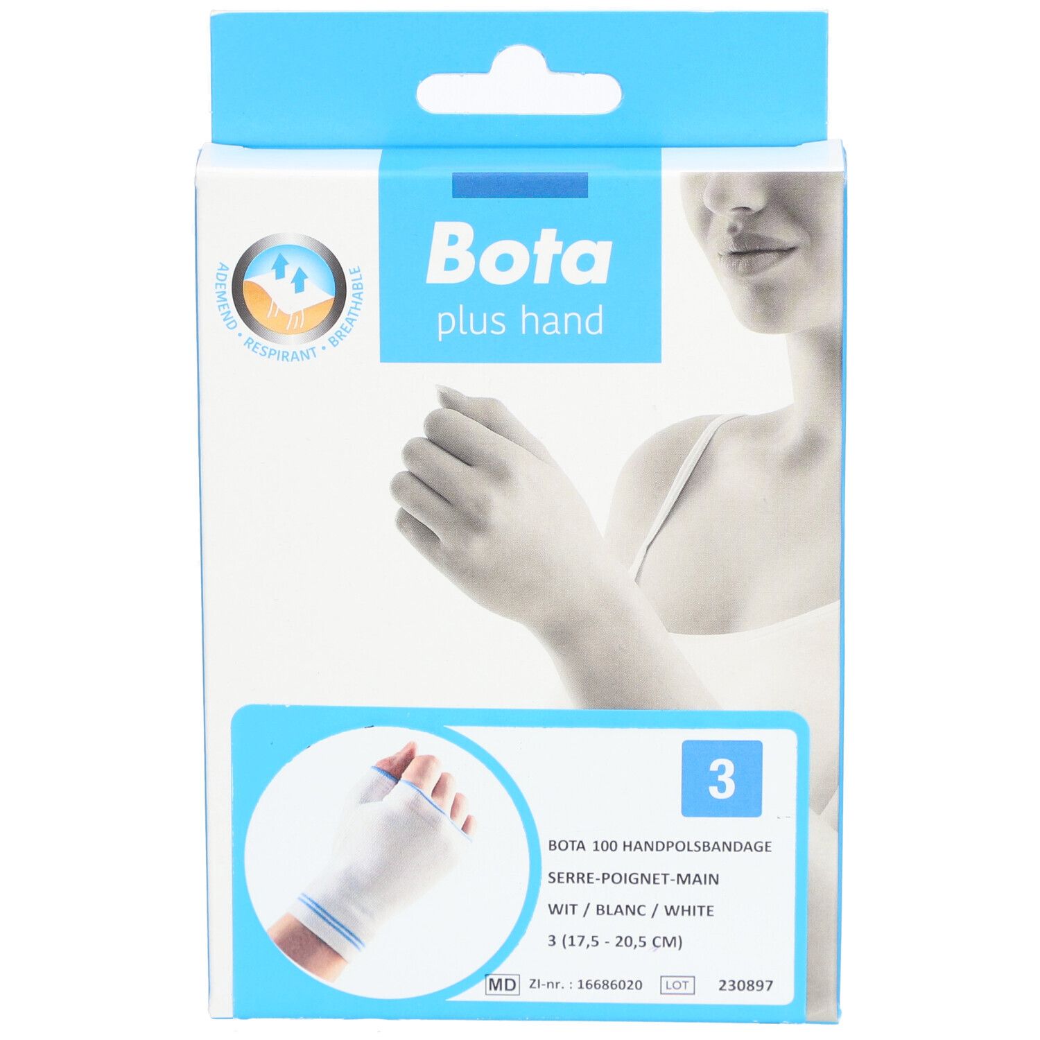Vue de face de l'emballage de l'attelle de poignet Bota. Nom du produit, logo et taille 3.
