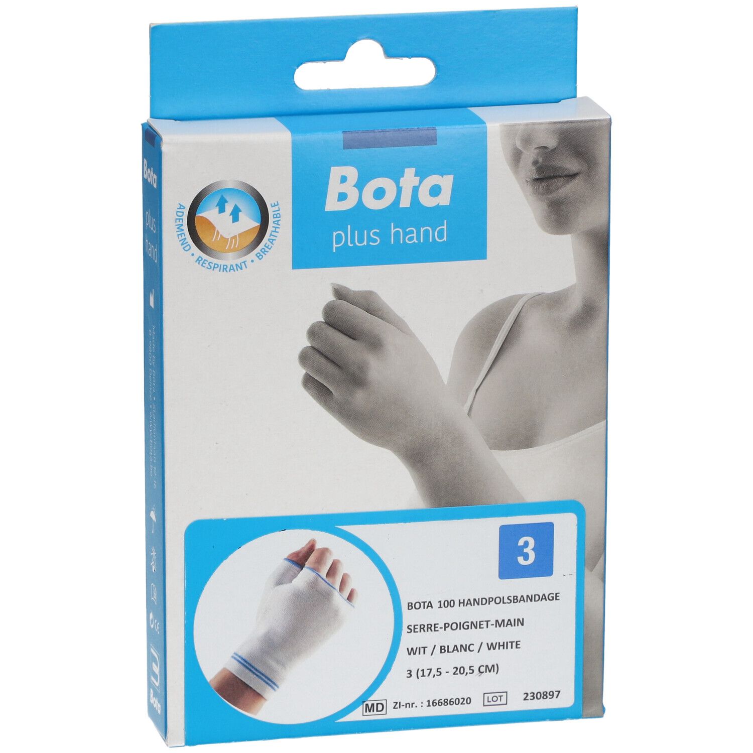 Vue de face de l'emballage de l'attelle de poignet Bota. Nom du produit, logo et taille 3.