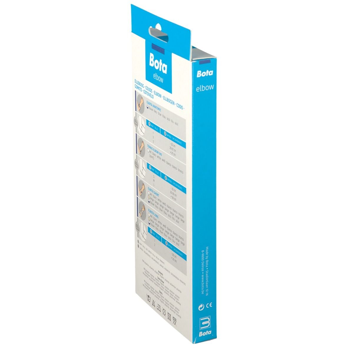 Vue latérale de l'emballage Bota Elbow. Noms de produits en plusieurs langues. Informations sur les tailles et illustrations d'application.