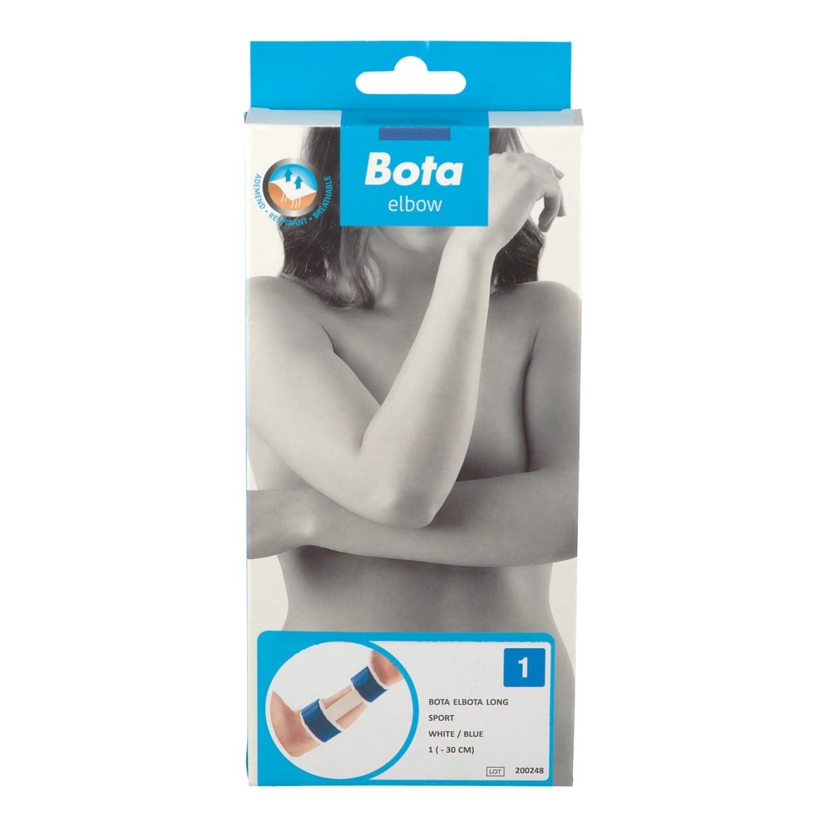 Emballage Bota Elbow Long Sport White/Blue. Inscription : Bota, Elbow, illustration d'un bras avec bandage. Taille : L 1.1 - 30 cm.