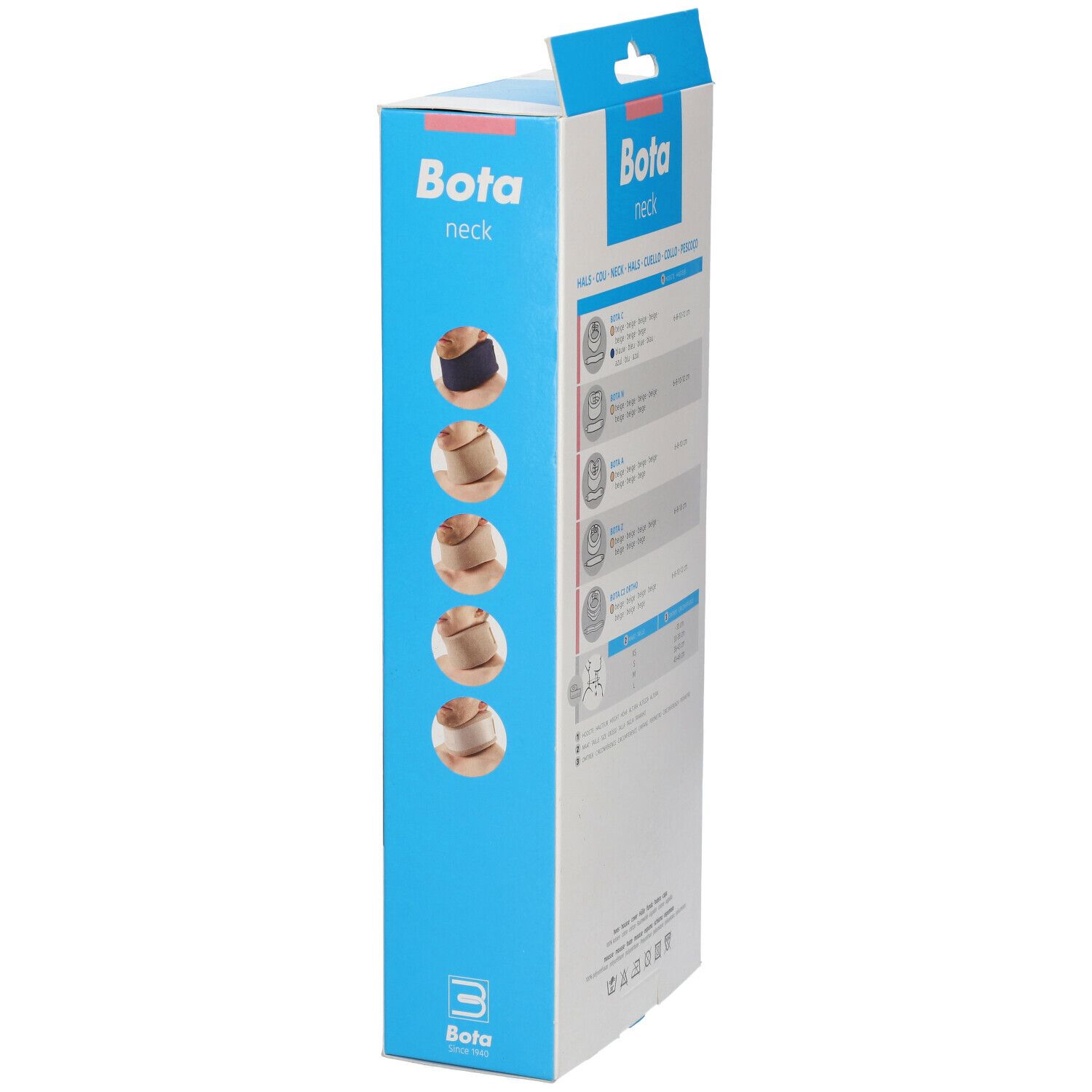 Seitenansicht der Bota Halskrause Verpackung. Produktabbildungen und Größenangaben. Größe S.