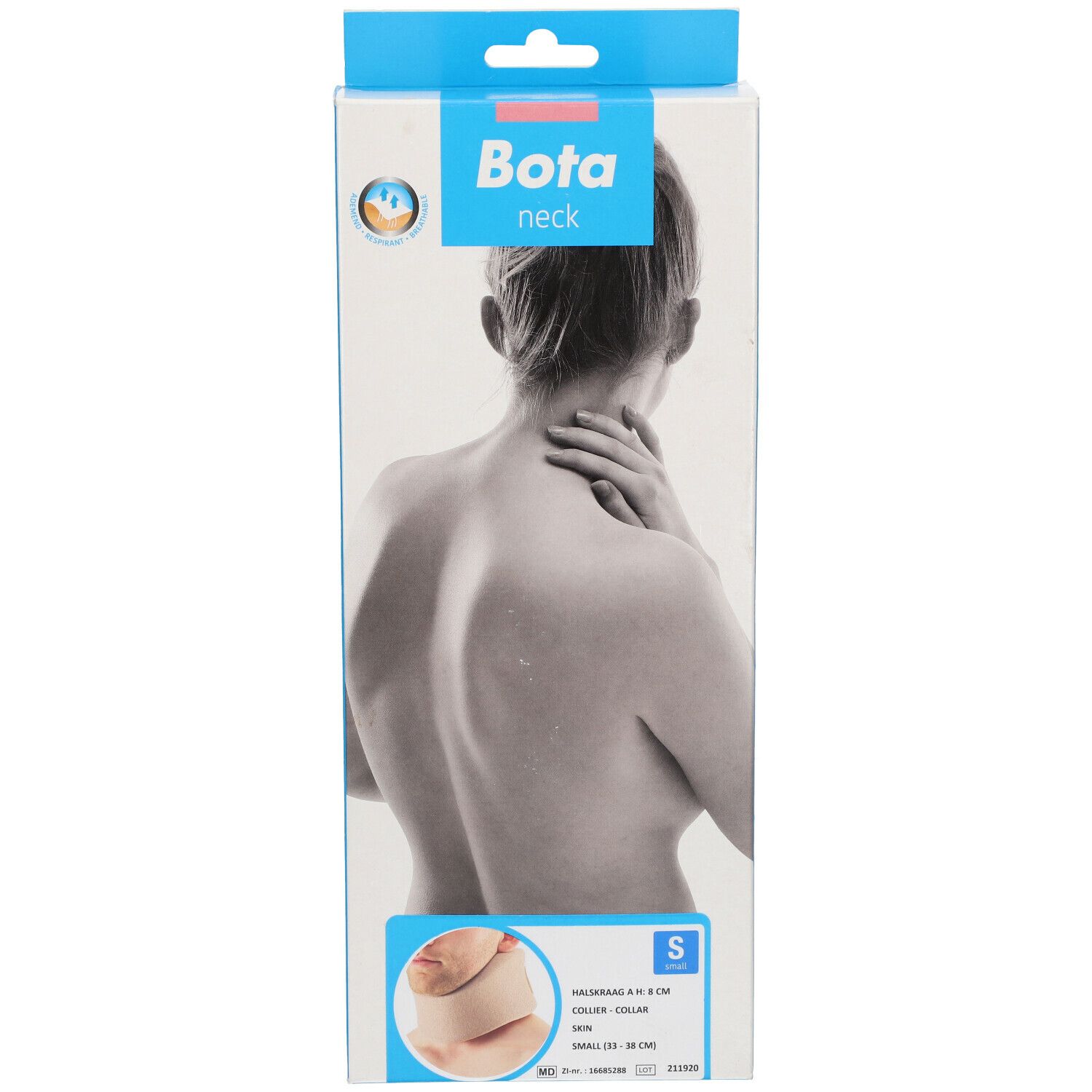 Vorderansicht der Bota Halskrause Verpackung. Abbildung einer Person und Produktabbildung. Größe S.