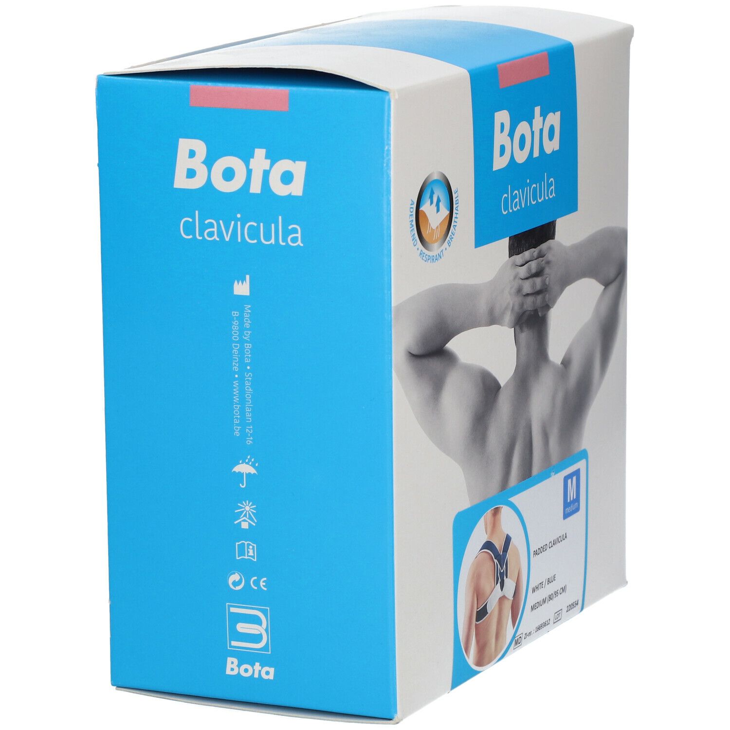 Bota Clavicula verpakking. Blauwe en witte doos met productafbeelding en CE-markering.