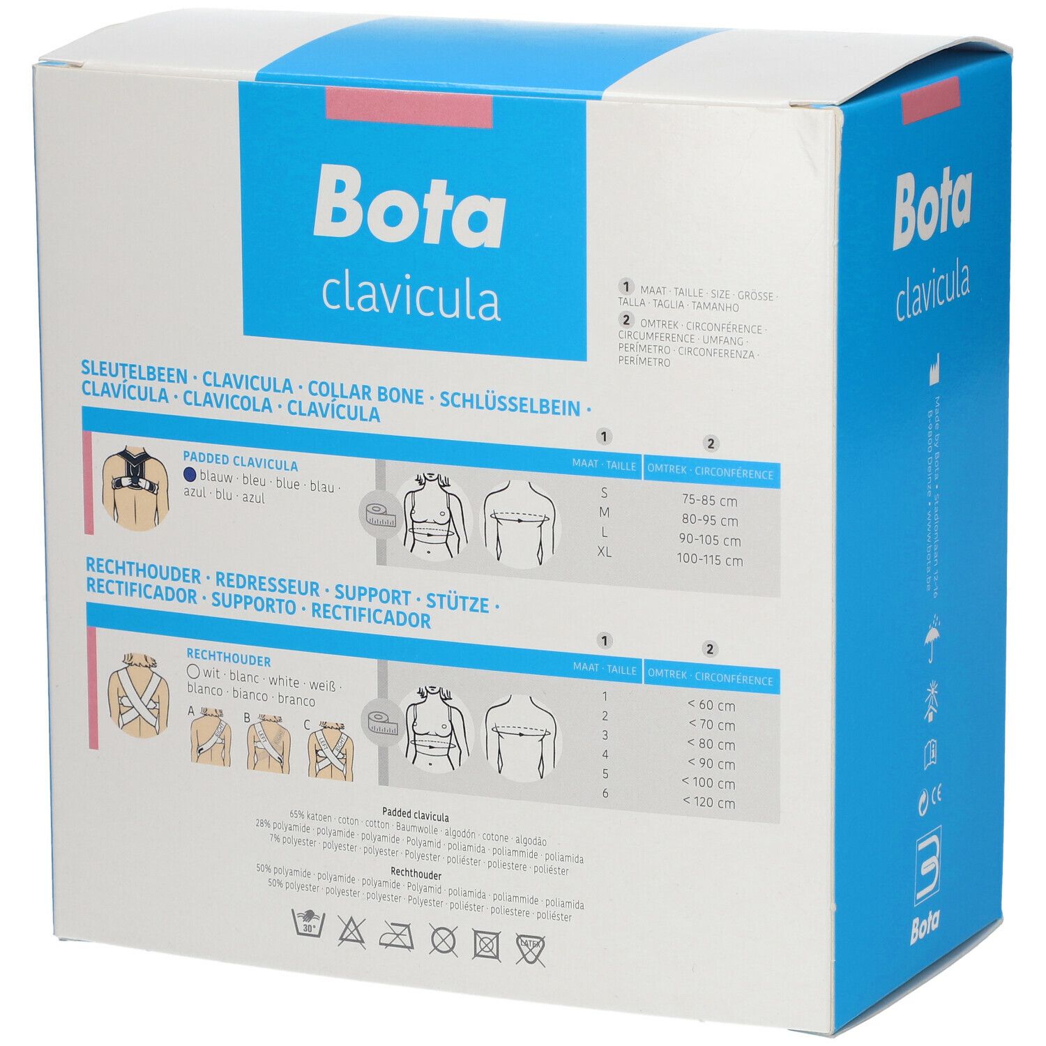 Achterkant Bota Clavicula verpakking. Informatie over maten en gebruik in meerdere talen.