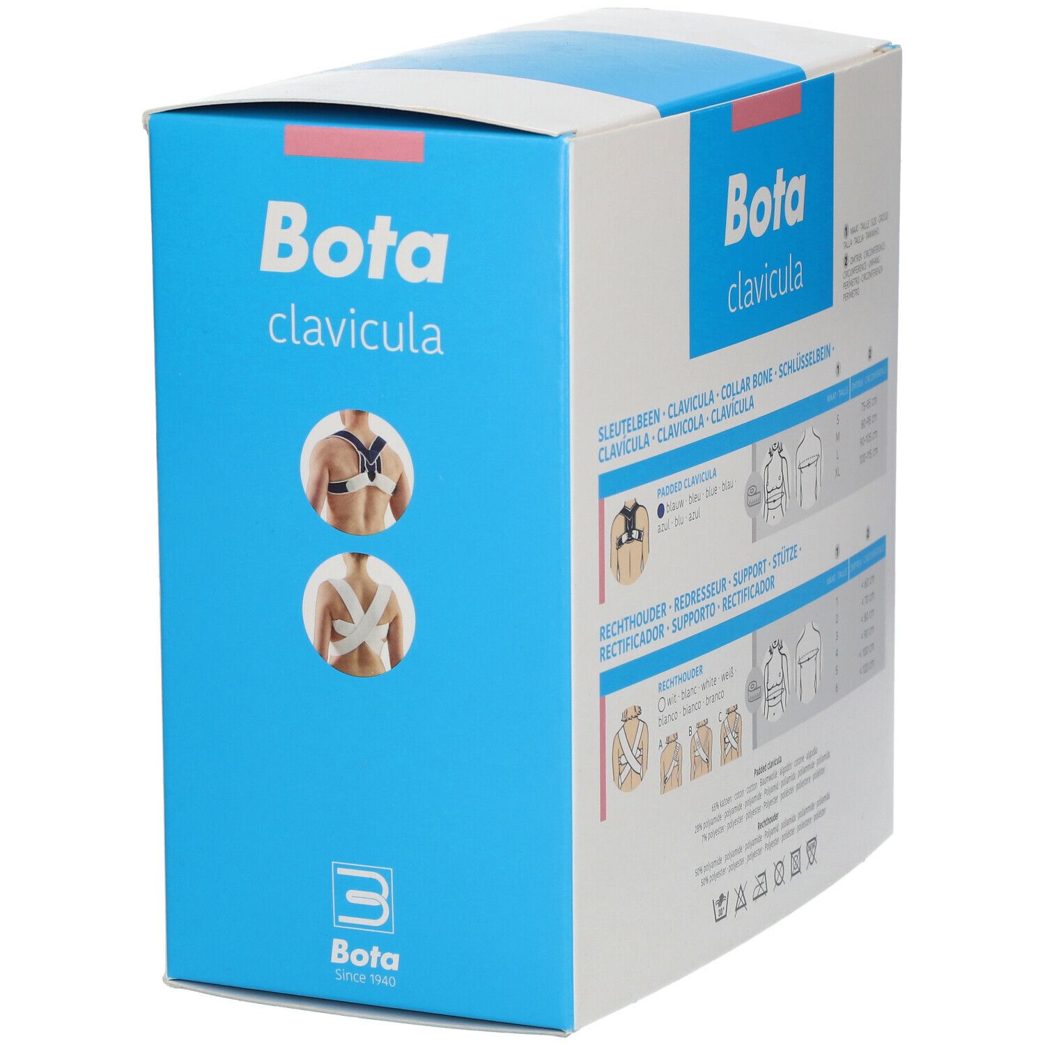 Bota Clavicula verpakking. Blauwe en witte doos met productafbeelding en maatindicaties.