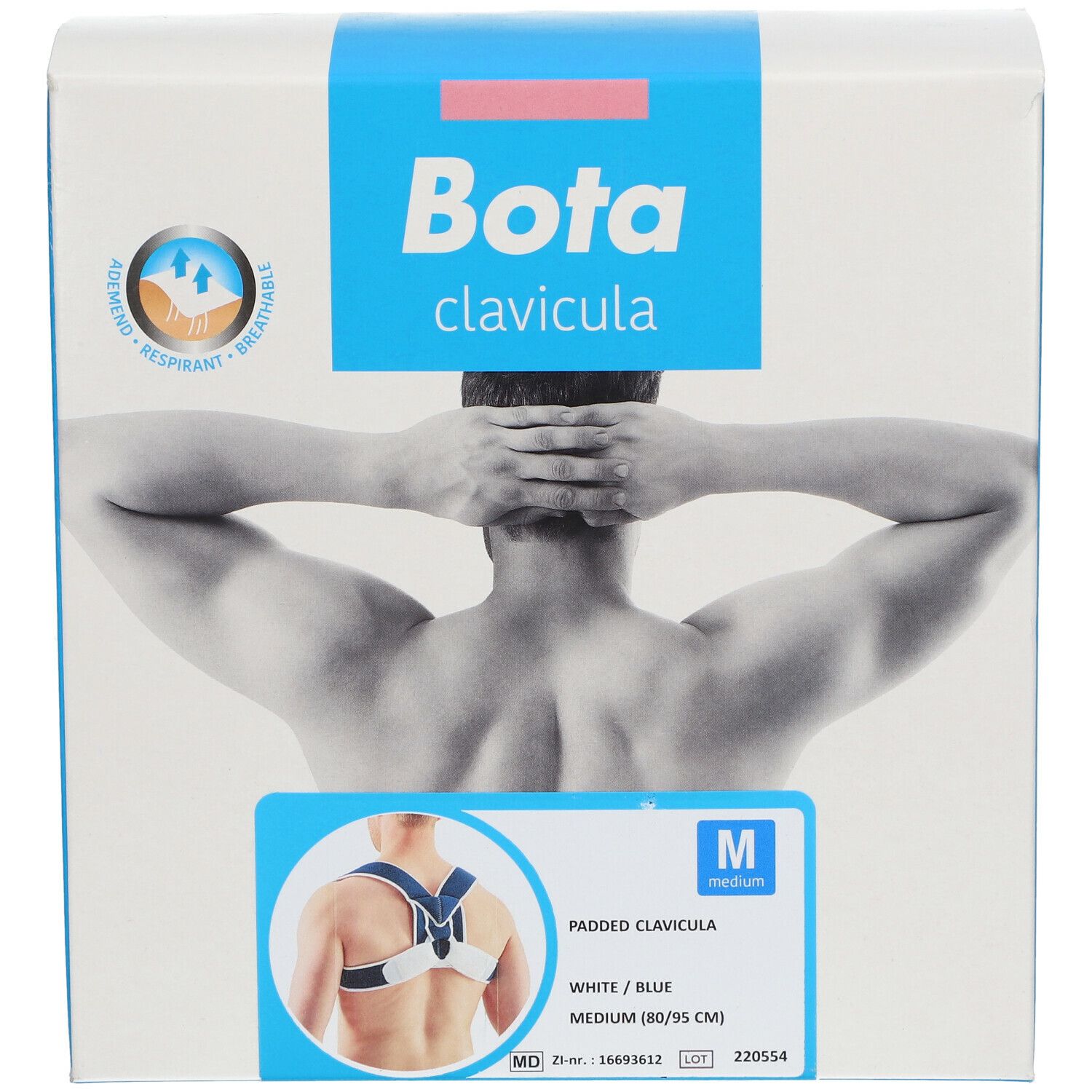 Bota Clavicula verpakking. Witte en blauwe doos met productafbeelding en maat Medium.