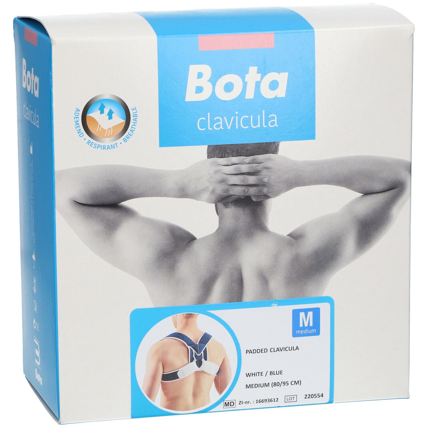 Bota Clavicula verpakking. Witte en blauwe doos met productafbeelding en maat Medium.