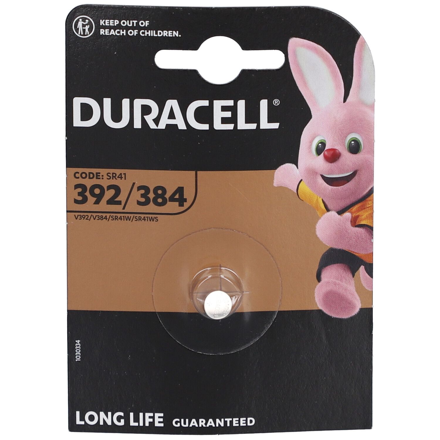 DURACELL® 392/384 knoopcelbatterij in blisterverpakking. Zwarte verpakking met logo, konijn-mascotte en productinformatie.