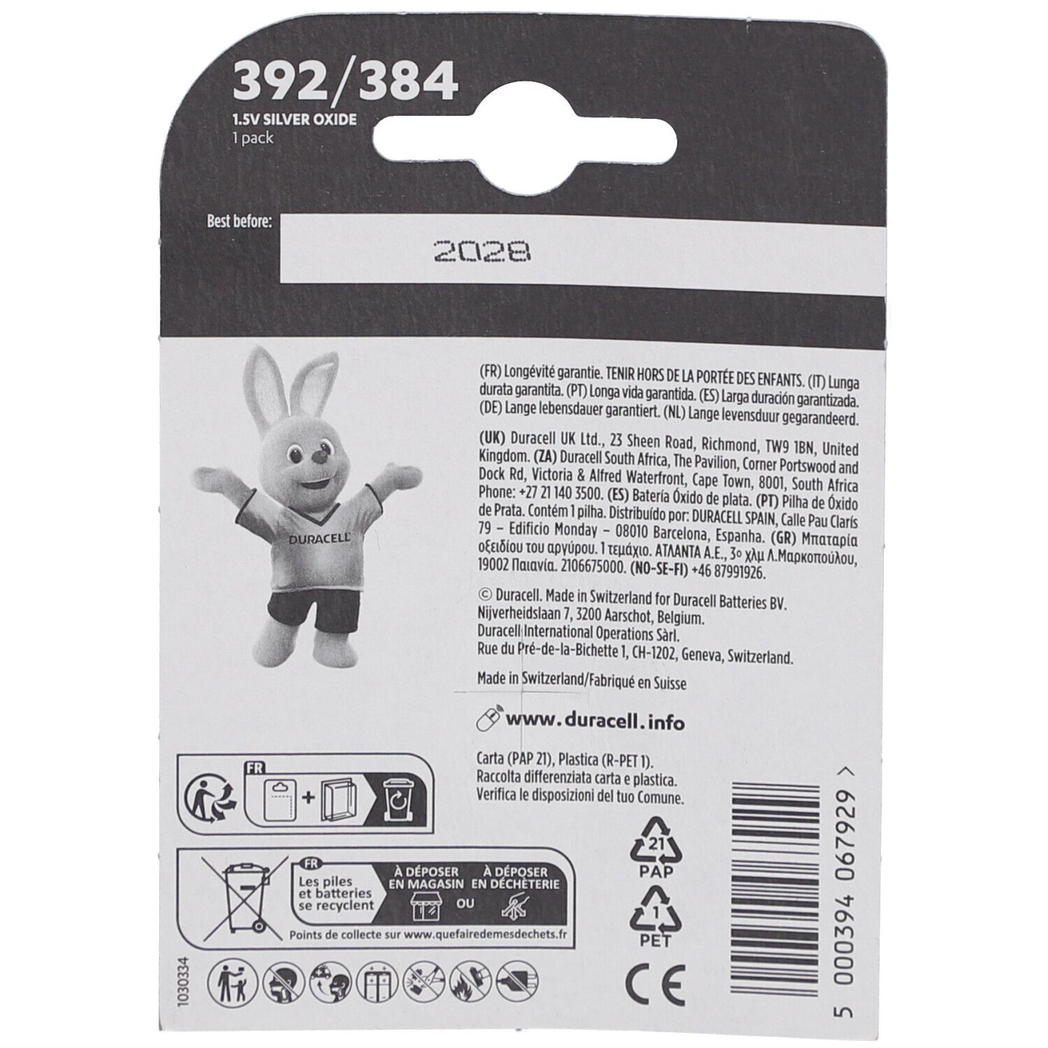 Achterkant van de verpakking van de DURACELL® 392/384 knoopcelbatterij. Bevat productinformatie, houdbaarheidsdatum en konijn-mascotte.