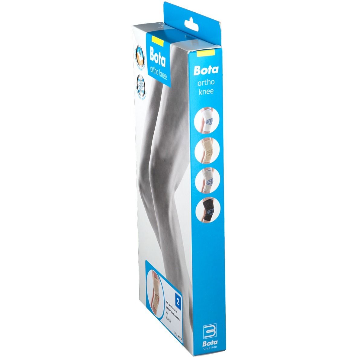 Boîte Bota Ortho genou, vue latérale. Nom du produit et logo visibles. Taille 2.